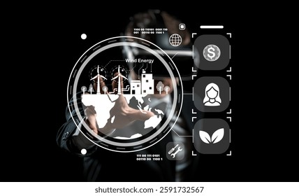 A businessman interacts with a virtual interface displaying wind energy data, symbolizing innovation in renewable energy and sustainable development for a better future.