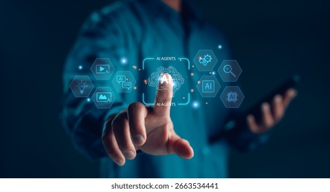 A businessman interacts with a virtual interface displaying AI agents and futuristic technology icons, representing artificial intelligence innovation and digital transformation.