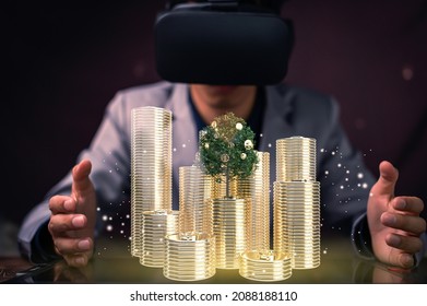 Businessman investing in stocks, saving money, earning 3d illustration metaverse Virtual World - Shutterstock ID 2088188110