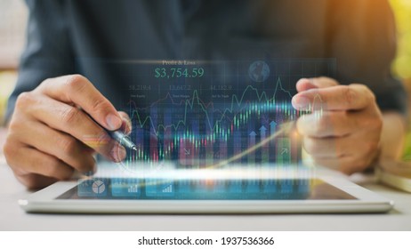 Businessman investment analyzing company financial report balance statement working with digital augmented reality technology. Concept for business, economy and stock marketing. 3D illustration.