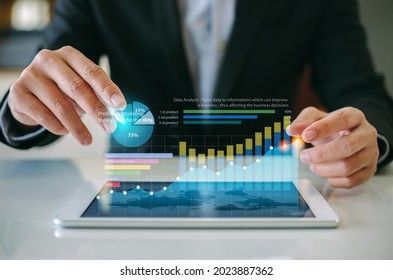 Businessman investment analyzing company financial report balance statement working with digital augmented reality technology. Concept for business, economy and statistic. 3D illustration.