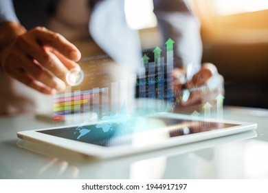 Businessman investment consultant analyzing company financial report balance statement working with digital augmented reality graphics. Concept for business, economy and marketing. 3D illustration. 