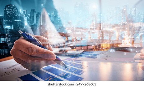 	
Businessman investment stock finance profit graph of marketing financial increase and check for control loading containers box from Cargo freight ship for import and export, transport - Powered by Shutterstock