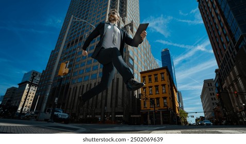 Businessman jumping in the street. Next Jump and Steps. Business Ambitions concept. Goal business success strategy. Creative growth development. Growth jump business success process. Jump Forward. - Powered by Shutterstock