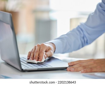 Businessman, Laptop And Covid Sanitizer Wipe For Cleaning Keyboard Bacteria, Virus Or Stop To Global Healthcare Crisis. Zoom On Worker Hands, Security Or Employee Safety Compliance In Company Office