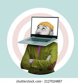 Businessman with a laptop instead of a head, art collage. Online research concept. - Powered by Shutterstock