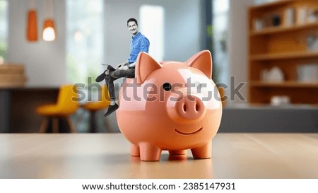 Businessman with laptop on a stack of sitting at a piggy bank in living room background. Success Concept. Art collage. 