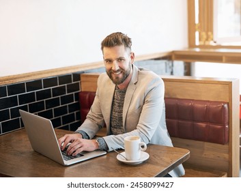 Businessman, laptop and portrait in coffee shop for happy, email and communication with client. Freelance male writer, technology and remote work in cafe for ebook, planning and idea for story - Powered by Shutterstock