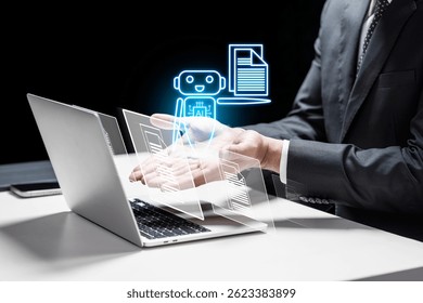 Hombre de negocios con el ordenador portátil que muestra el icono de la IA o del robot de la inteligencia artificial para la automatización del proceso empresarial en su mano. Tecnología de la innovación en una pantalla virtual. Concepto de inteligencia artificial