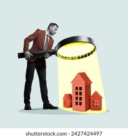 A businessman with a large magnifying glass examines the houses. Art collage. - Powered by Shutterstock