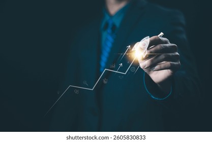 businessman launch rocket, startup concept. entrepreneurship starts with digital technology and the growth of an online business. progress of Leadership and new business success