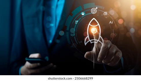 Businessman Launching AI-Powered Startup with Digital Interface, Emphasizing Technological Advancement and Entrepreneurial Success, Global tech startup innovates to connect - Powered by Shutterstock