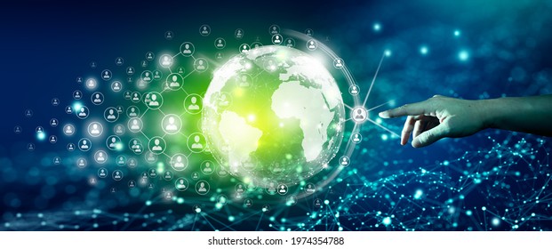 Businessman Leading The Global World Business Community Of Network Communication Connected. Digital And Technological Convergence With Abstract Blue Background.