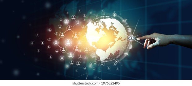 Businessman Leading The Global World Business Community Of Network Communication Connected. Digital And Technological Convergence With Abstract Blue Background.