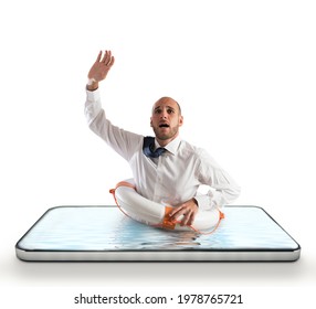 Businessman with lifebelt risks drowning on the screen of a smartphone