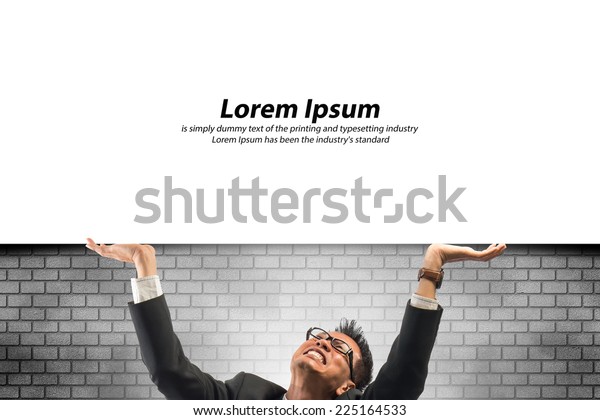 businessman lifting blank banner\
from above. Place for text. office and advertising\
concept.