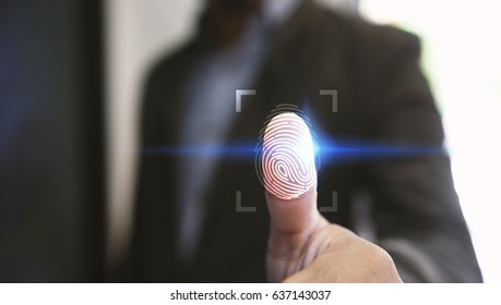 Businessman login with fingerprint scanning technology. fingerprint to identify personal, security system concept                                                                   