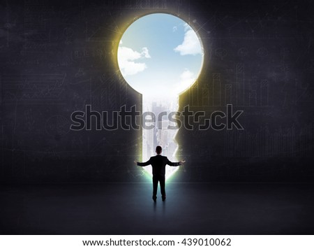 businessman looking a big key, solution concept