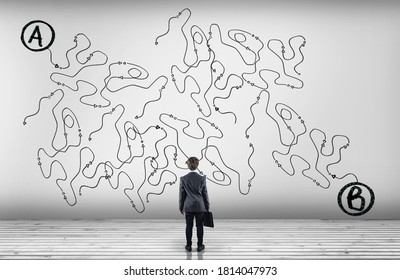 Businessman looking at a complicated path of point to point b .  - Shutterstock ID 1814047973