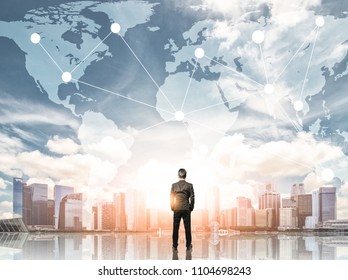 Businessman Looking Global Business City Background Stock Photo