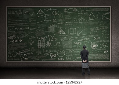 Businessman is looking at a huge hand drawn chalkboard in a classroom - Powered by Shutterstock