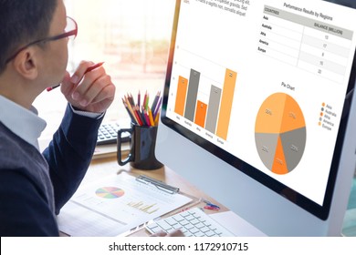 Businessman Looking Into A Modern Computer Screen Reviewing A Business Performance With Colorful Graphs.