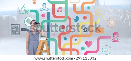 Businessman looking on a ladder against city scene in a room