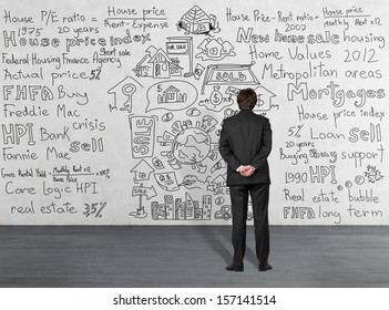 Businessman looking through home sales information written on a white wall 3