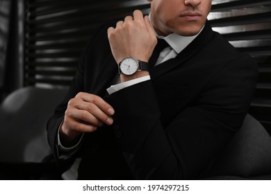 Businessman With Luxury Wrist Watch Indoors, Closeup