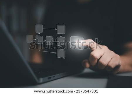 Businessman making business process management and automation concepts. Connected lines for flowchart diagram on virtual screen. Workflow implementation to improve company productivity and efficiency.