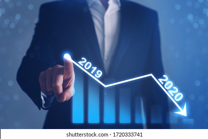 Businessman Making A Decrease Chart. Global Financial Crisis In 2020. Concept Of Economic Downturn In 2020 Compared To 2019.