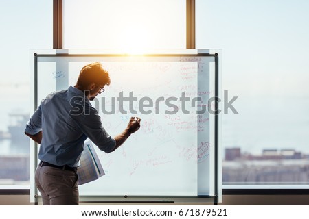 Businessman making a presentation at office. Entrepreneur using whiteboard to present ideas for business planning and decision making.