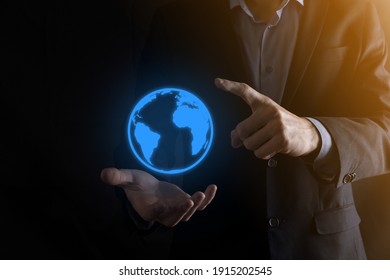 Businessman man hand holding Earth icon , digital globe.