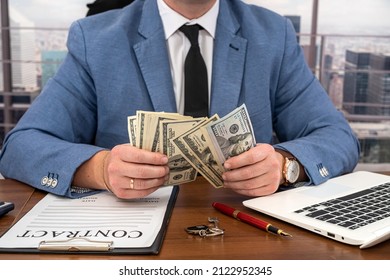 Businessman Man In A Stylish Clean Suit Working On A Very Important Work Contract. Money And Contracts Business Concept