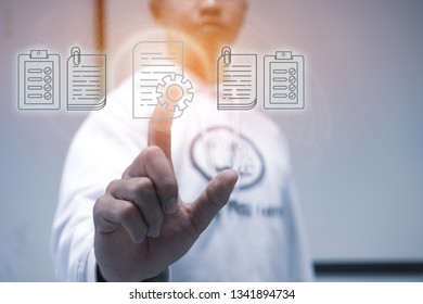 Businessman Manager Hands Touching Documents Reports Paperworks Of Files Iot Icon  For Paperless Concept : Sign Press On Digital Screen Data System On Document Report HR Techonlogy Form Office.