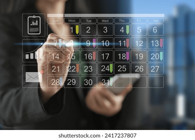 Businessman manages time for effective work. Businessman with calendar meeting schedule marking note target date appointing reminder appointment calendar for organizer agenda time. schedule activity. - Powered by Shutterstock