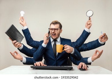 Businessman with many hands in a suit. Works simultaneously with several objects, a mug, a magnifying glass, papers, a contract, a telephone. Multitasking, efficient business worker concept - Shutterstock ID 1933529042