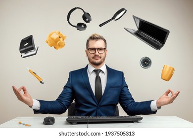 Businessman with many hands in a suit. Works simultaneously with several objects, a mug, a magnifying glass, papers, a contract, a telephone. Multitasking, efficient business worker concept - Shutterstock ID 1937505313