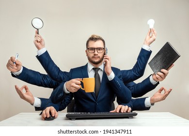 Businessman with many hands in a suit. Works simultaneously with several objects, a mug, a magnifying glass, papers, a contract, a telephone. Multitasking, efficient business worker concept - Shutterstock ID 1941347911