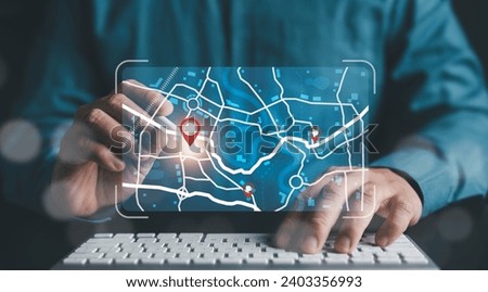 Businessman marking location pin points and search addresses on geolocation map application. Synchronize destination for travel or finding business places in GPS Satellite coordinates system on web.