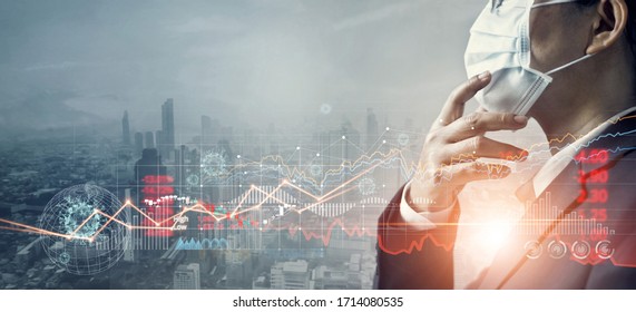 Businessman with mask, Analysis coronavirus impact on global economy and stock markets, Effects of outbreak and pandemic covid-19, Economy crisis, Stocks fall and financial crisis.