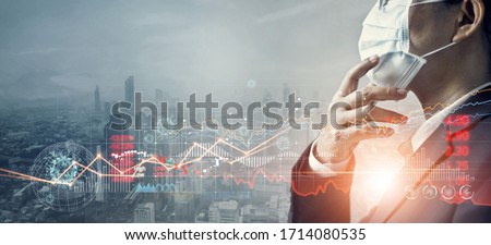 Businessman with mask, Analysis coronavirus impact on global economy and stock markets, Effects of outbreak and pandemic covid-19, Economy crisis, Stocks fall and financial crisis.