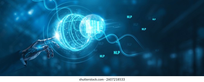 Businessman mechanical robotic hand touching NLP global network. Data processing and network connection on digital interface, communication, language understanding, technology and innovation concept.