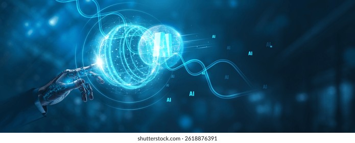 Businessman mechanical robotic hand touching artificial intelligence global network. Data processing and network connection on digital interface, automation technology and innovation concept.