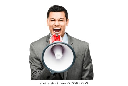 Businessman, megaphone and angry in studio with announcement, speech and warning for loud voice. Corporate male, speaker and protest with frustrated for tax law, economy and change in trade policy - Powered by Shutterstock