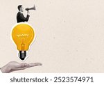 Businessman with a megaphone standing on a large yellow lightbulb over a hand on a beige background. Concept of business ideas and marketing