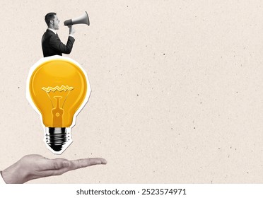 Businessman with a megaphone standing on a large yellow lightbulb over a hand on a beige background. Concept of business ideas and marketing