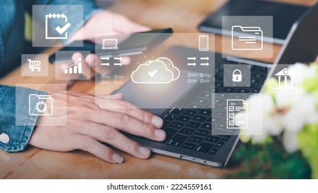 Businessman migrates file system, network and internet, storage and data transfer with cloud technology. , connection and exchange of data documents, document management and folder privacy
