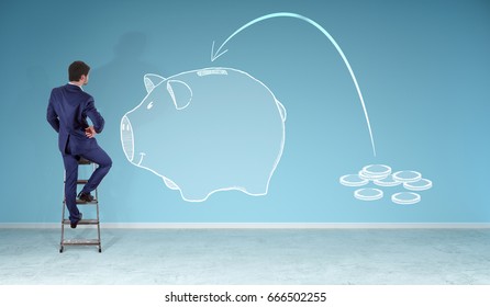 Businessman In Modern Interior Watching A Sketch Piggy Bank On A Wall 3D Rendering