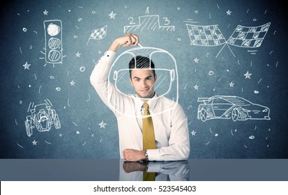 A Businessman In Modern Stylish Elegant Suit Standing On A Small Ladder And Drawing Pie And Block Charts On Grey Wall Background With Exponential Progressing Curves, Lines, Circles, Angles, Numbers